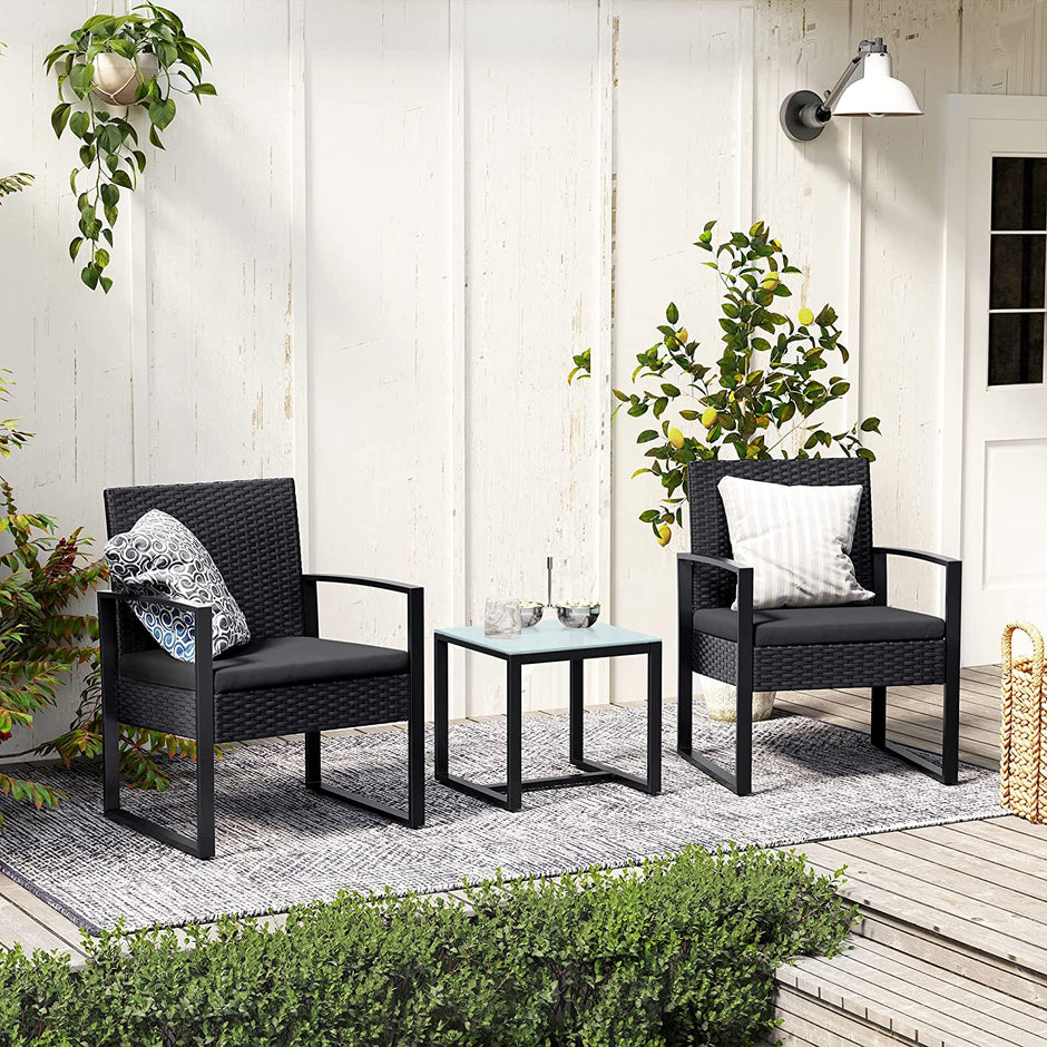 3-Piece Outdoor Furniture Set – PE Rattan – Black – Easy to Assemble