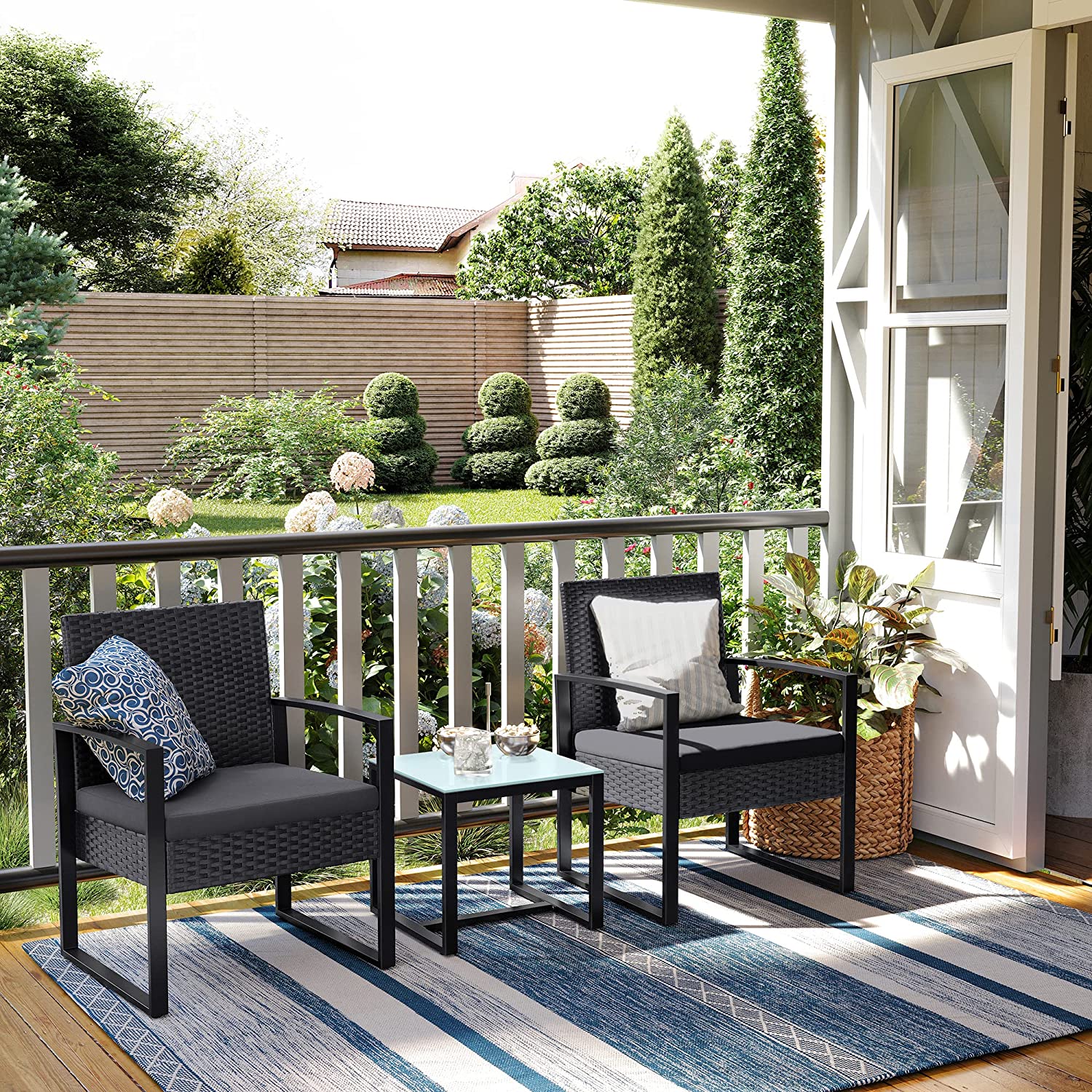 3-Piece Outdoor Patio Furniture Set – PE Rattan – Black – Easy to Assemble