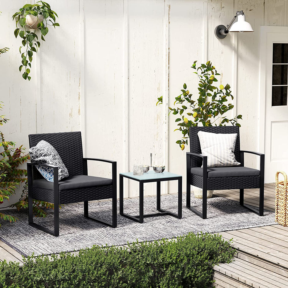 3-Piece Outdoor Patio Furniture Set – PE Rattan – Black – Easy to Assemble