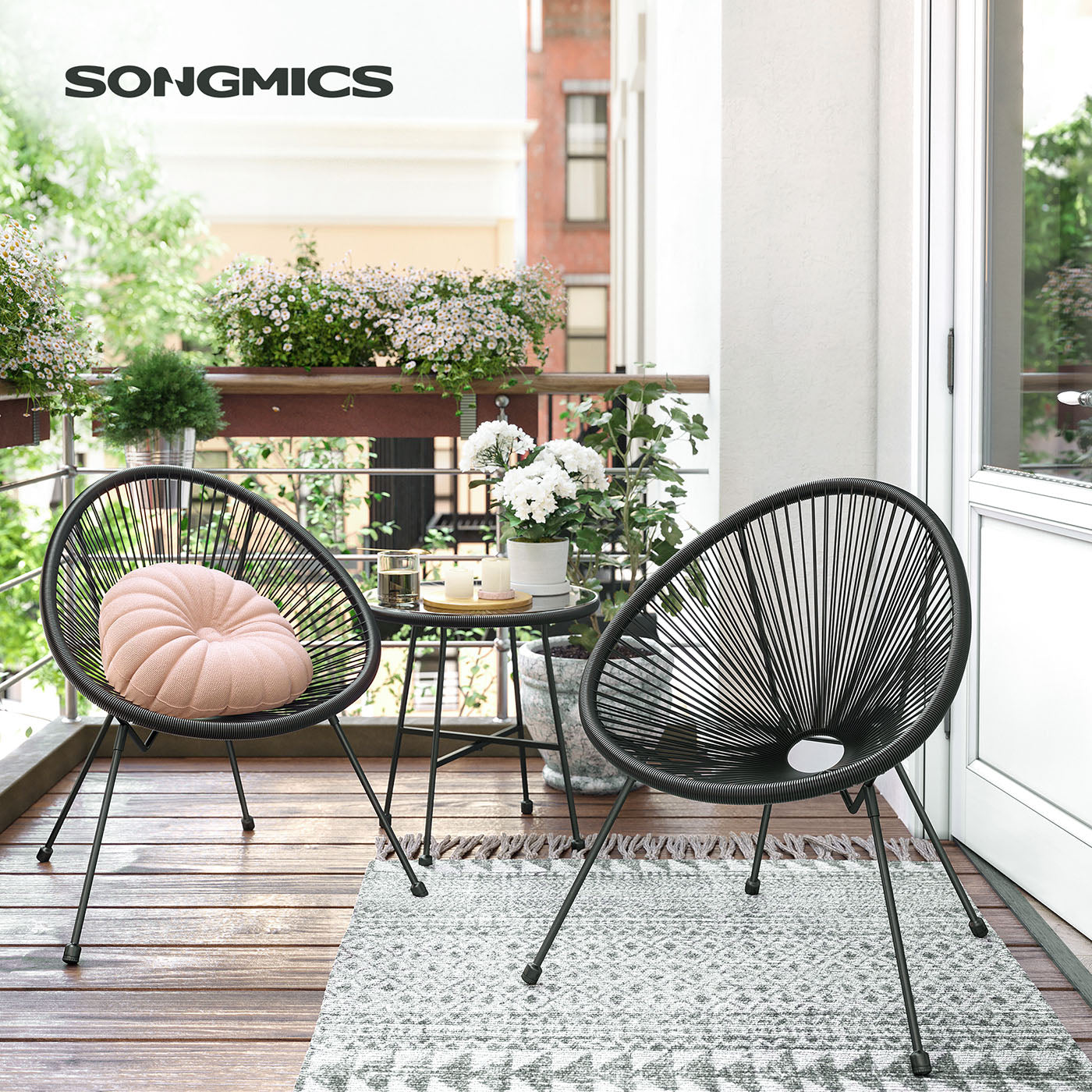 Outdoor Seating Set – Steel and Glass – White – Includes 2 Acapulco Chairs and Table