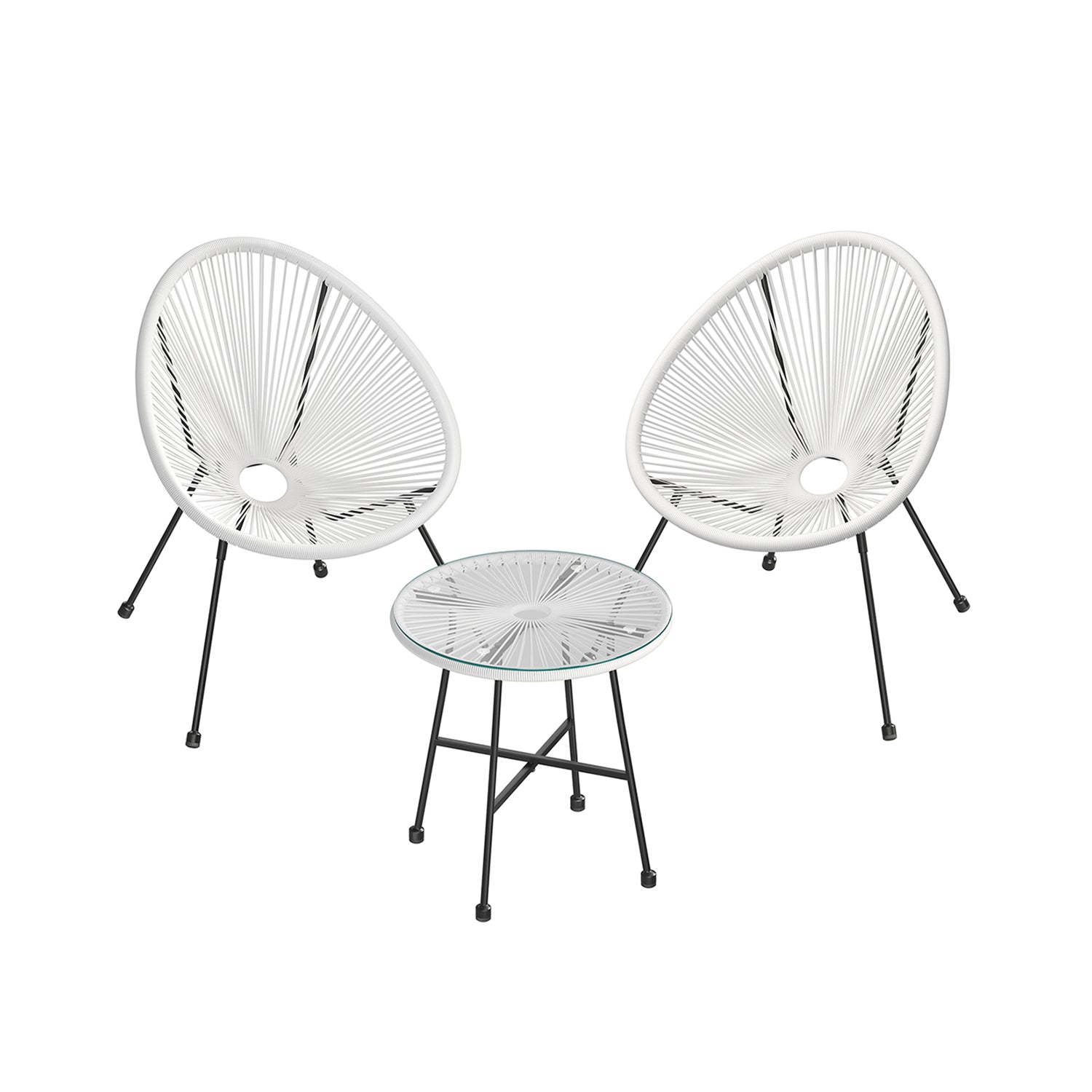 3-Piece Garden Patio Furniture Set – Rattan – White – Includes 2 Acapulco Chairs and Glass Top Table