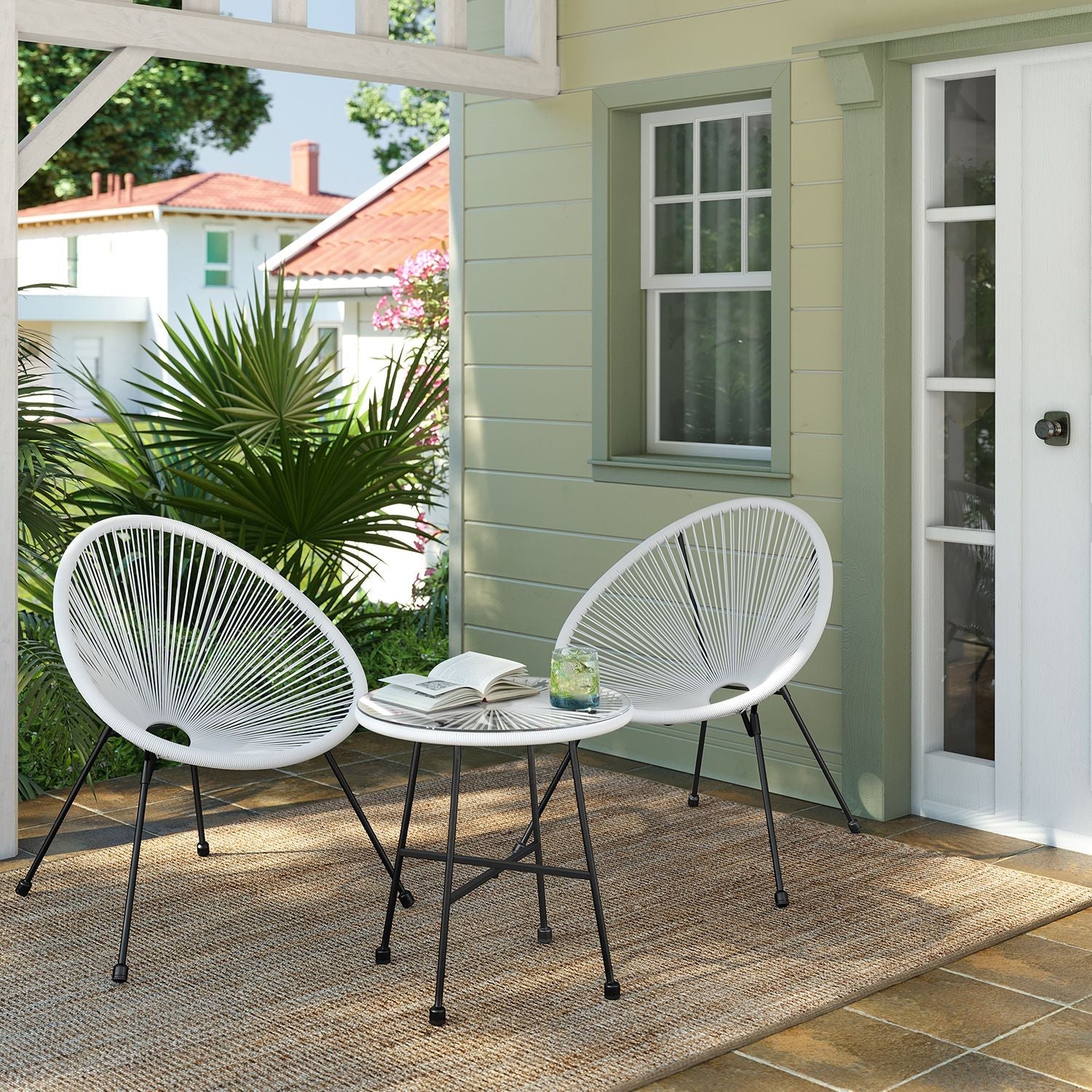 3-Piece Garden Patio Furniture Set – Metal and Glass – White – Indoor and Outdoor Conversation Set