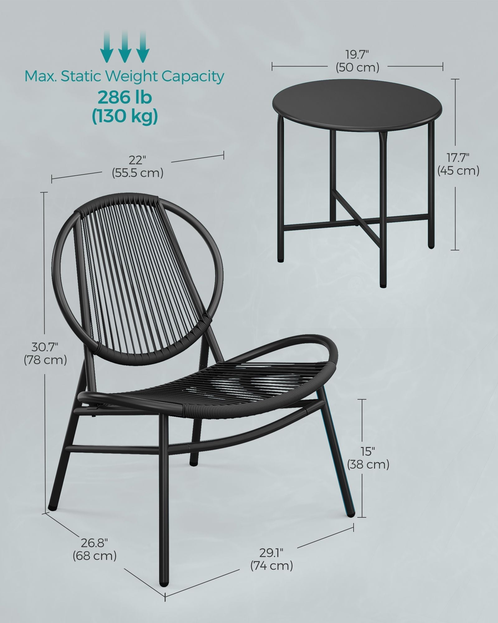 3-Piece Garden Bistro Set – Metal – Ink Black – Acapulco Chairs with Side Table