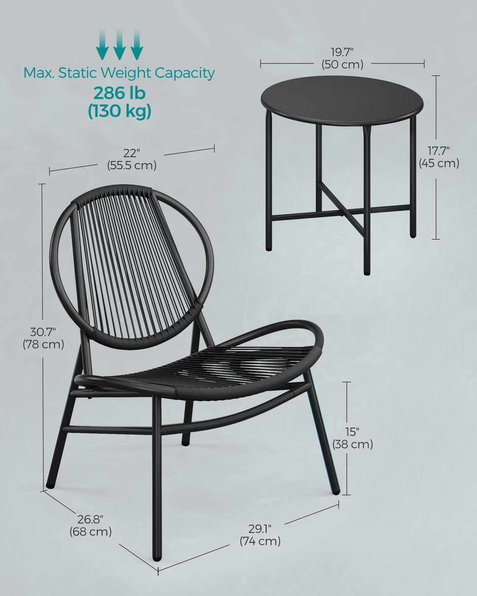 3-Piece Garden Bistro Set – Metal – Ink Black – Acapulco Chairs with Side Table