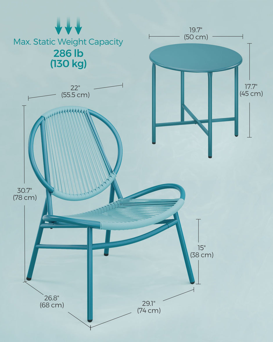 Garden Bistro Set – Acapulco Chairs and Side Table – Lake Blue – Indoor and Outdoor Conversation Furniture