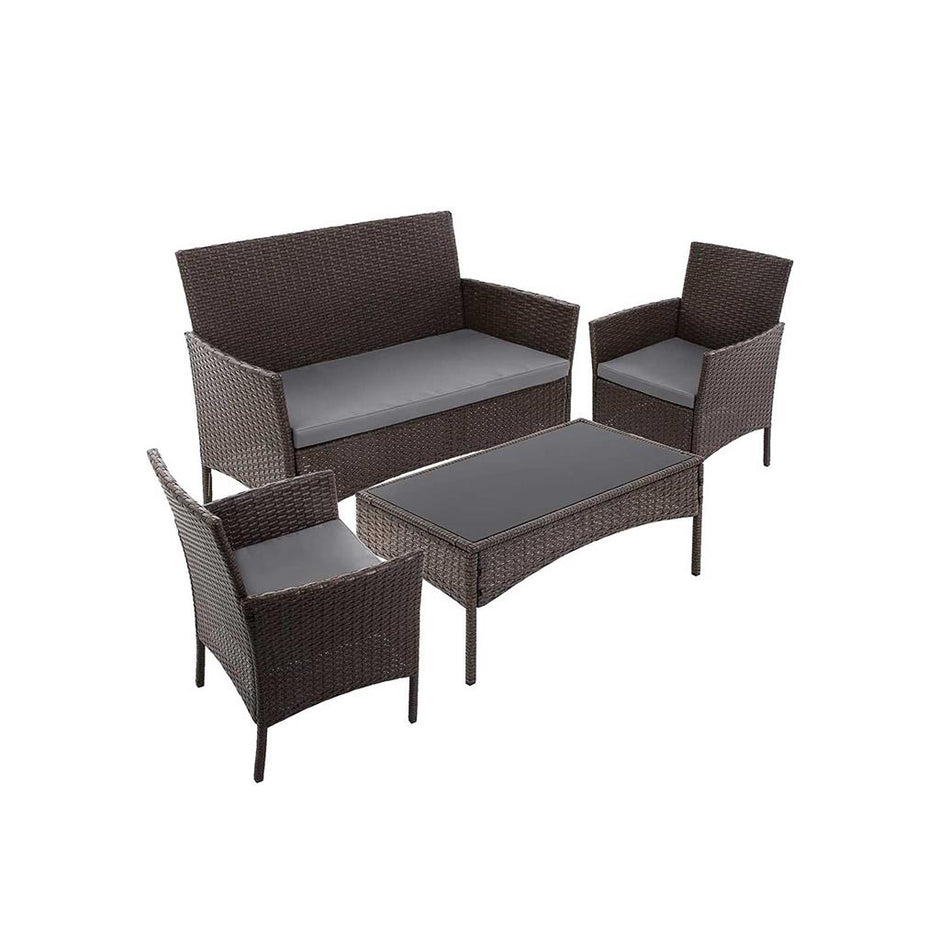 Garden Furniture Set – Polyrattan – Vintage Brown – Includes 2 Chairs, 1 Sofa, 1 Coffee Table with Tempered Glass Top