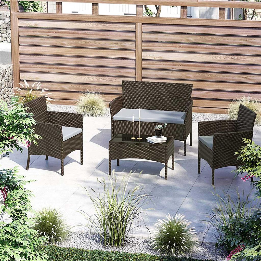 Garden Furniture Set – Polyrattan – Vintage Brown – Includes 2 Chairs, 1 Sofa, 1 Coffee Table with Tempered Glass Top
