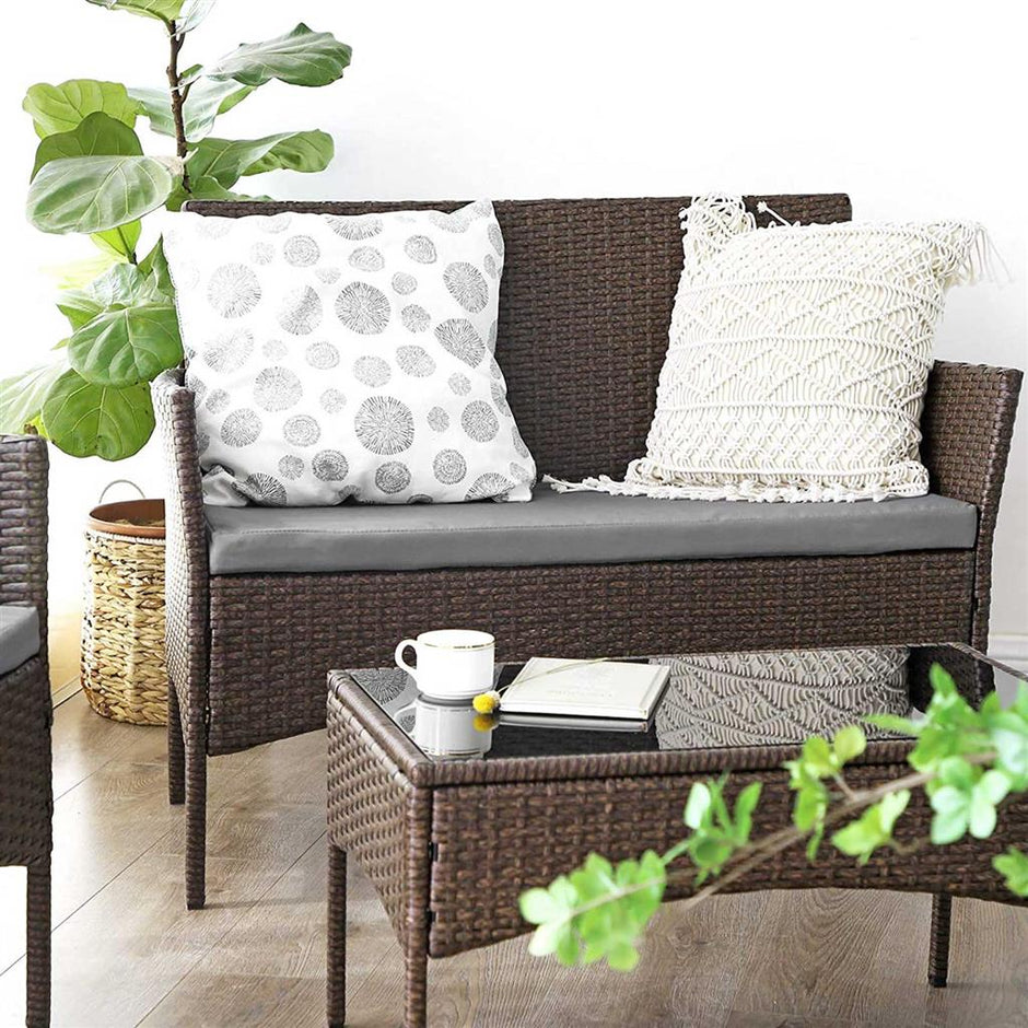 Garden Furniture Set – Polyrattan – Vintage Brown – Includes 2 Chairs, 1 Sofa, 1 Coffee Table with Tempered Glass Top