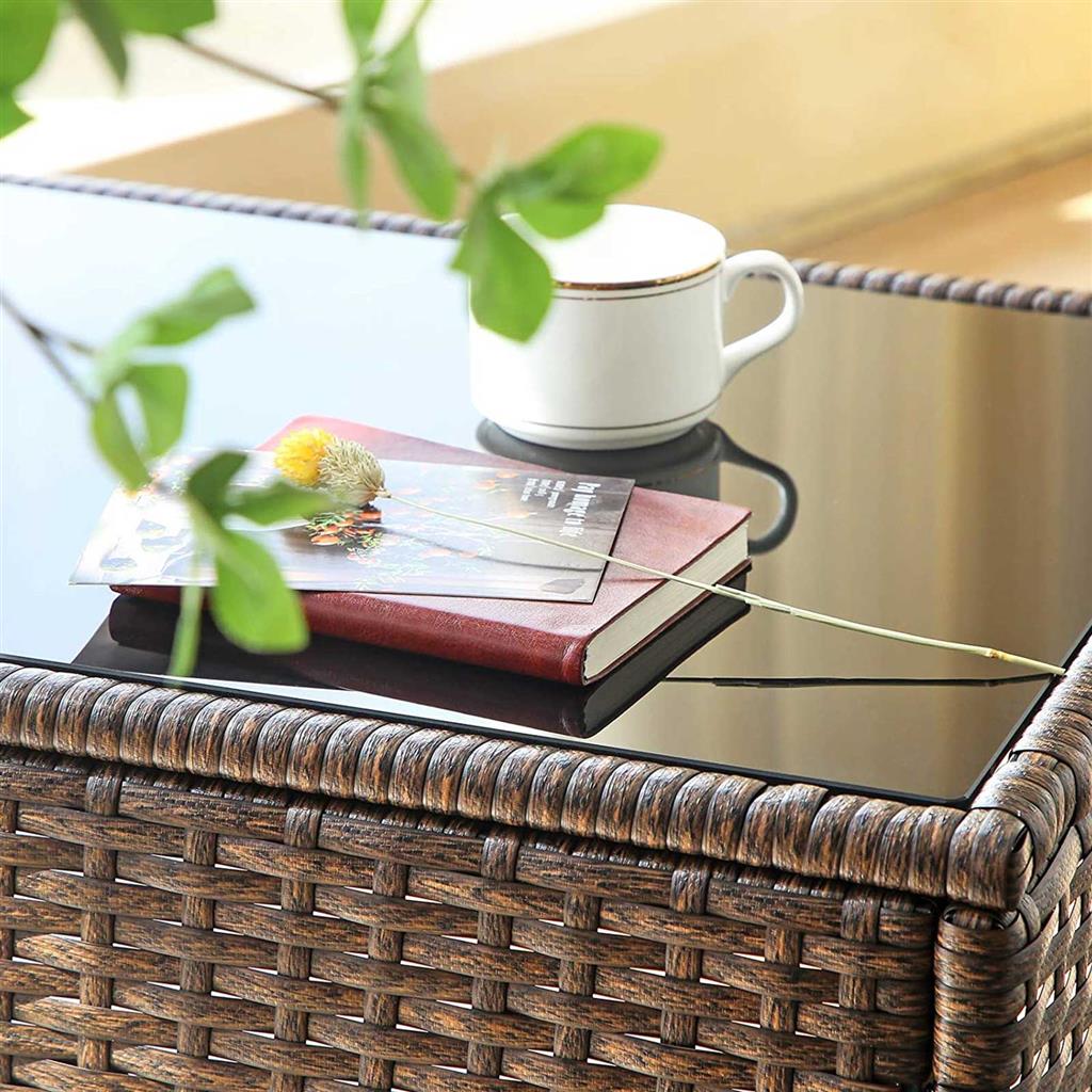 Garden Furniture Set – Polyrattan – Vintage Brown – Includes 2 Chairs, 1 Sofa, 1 Coffee Table with Tempered Glass Top