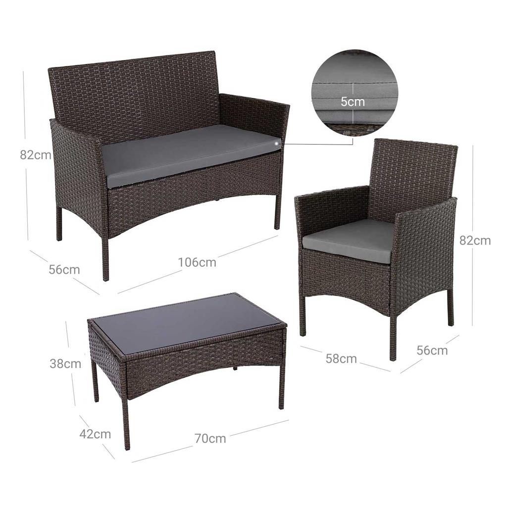 Garden Furniture Set – Polyrattan – Vintage Brown – Includes 2 Chairs, 1 Sofa, 1 Coffee Table with Tempered Glass Top