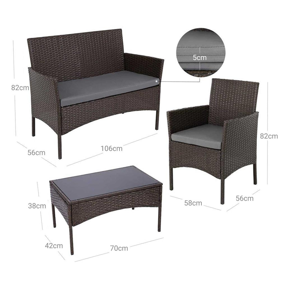 Garden Furniture Set – Polyrattan – Vintage Brown – Includes 2 Chairs, 1 Sofa, 1 Coffee Table with Tempered Glass Top