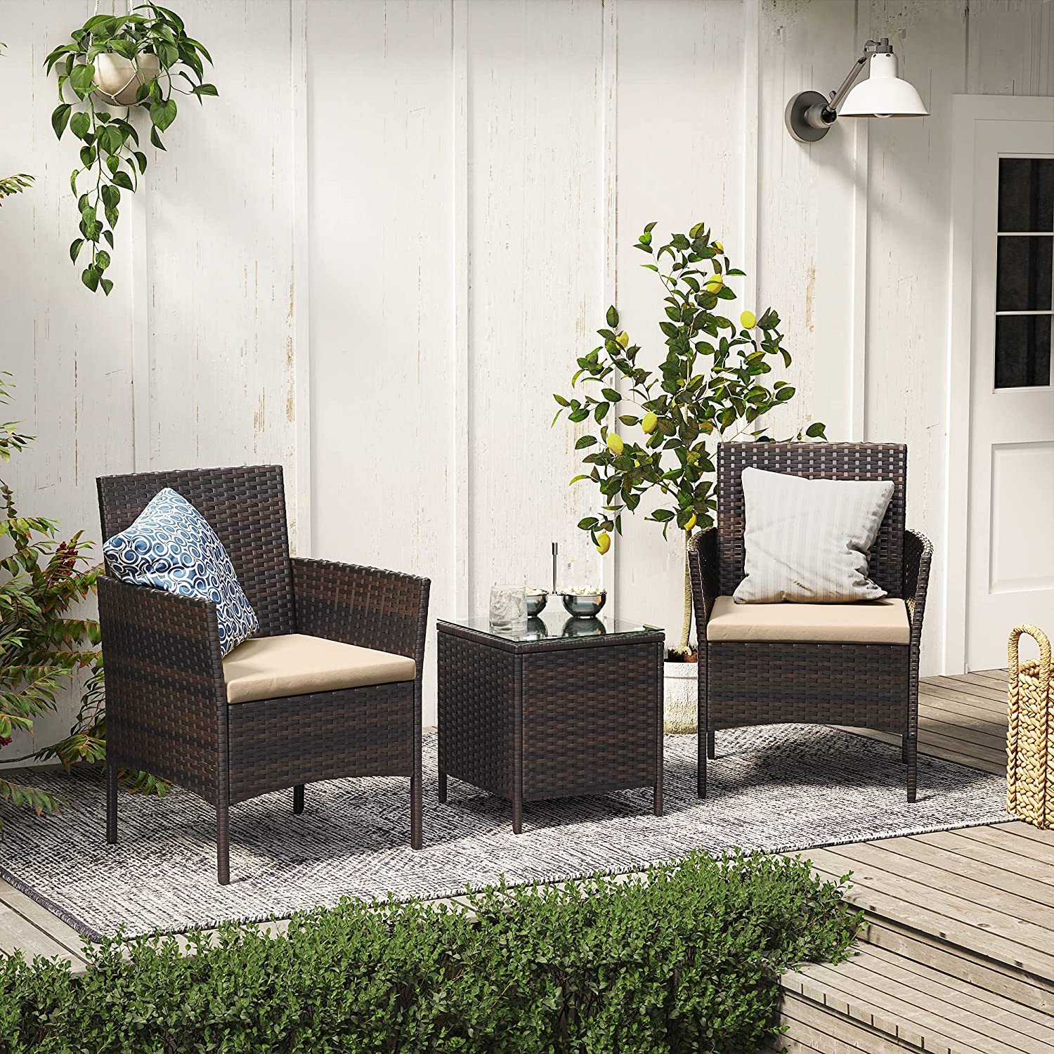 Garden Furniture Set – Polyrattan – Brown and Taupe – Includes Coffee Table