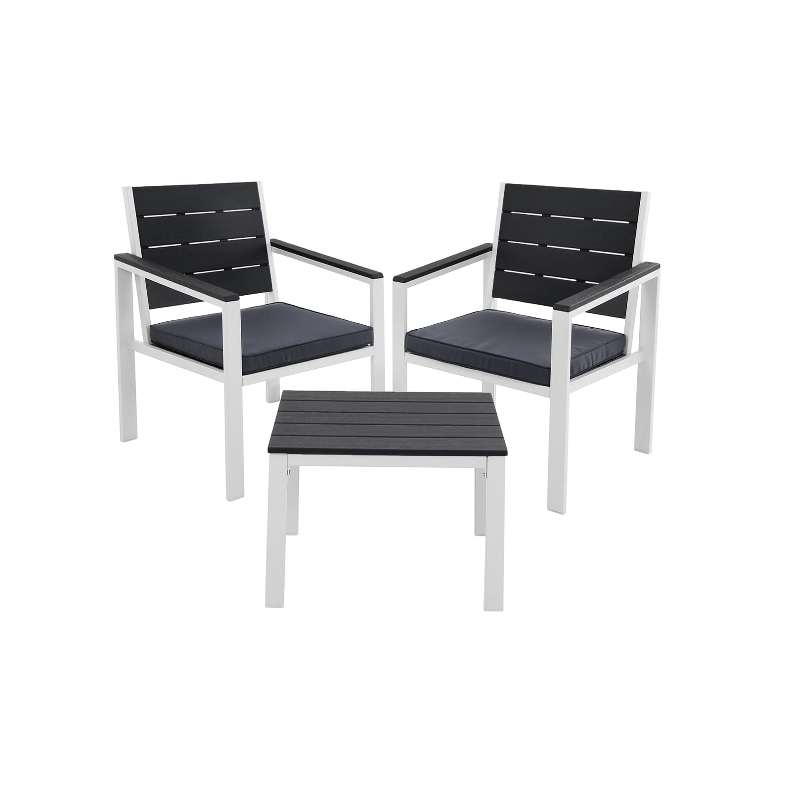 Patio Furniture Set – Iron – Grey & White – Includes 2 Chairs, 1 Side Table, and Cushions