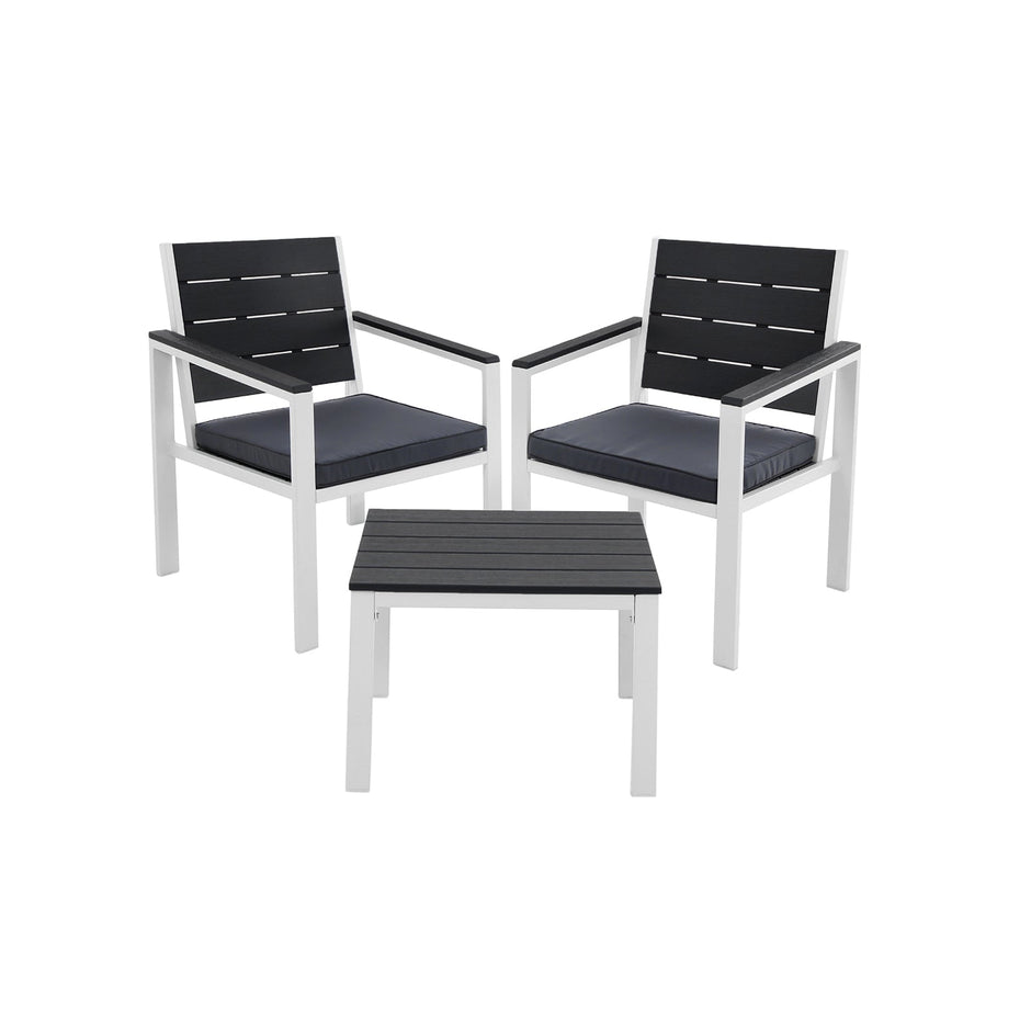 Patio Furniture Set – Iron – Grey & White – Includes 2 Chairs, 1 Side Table, and Cushions