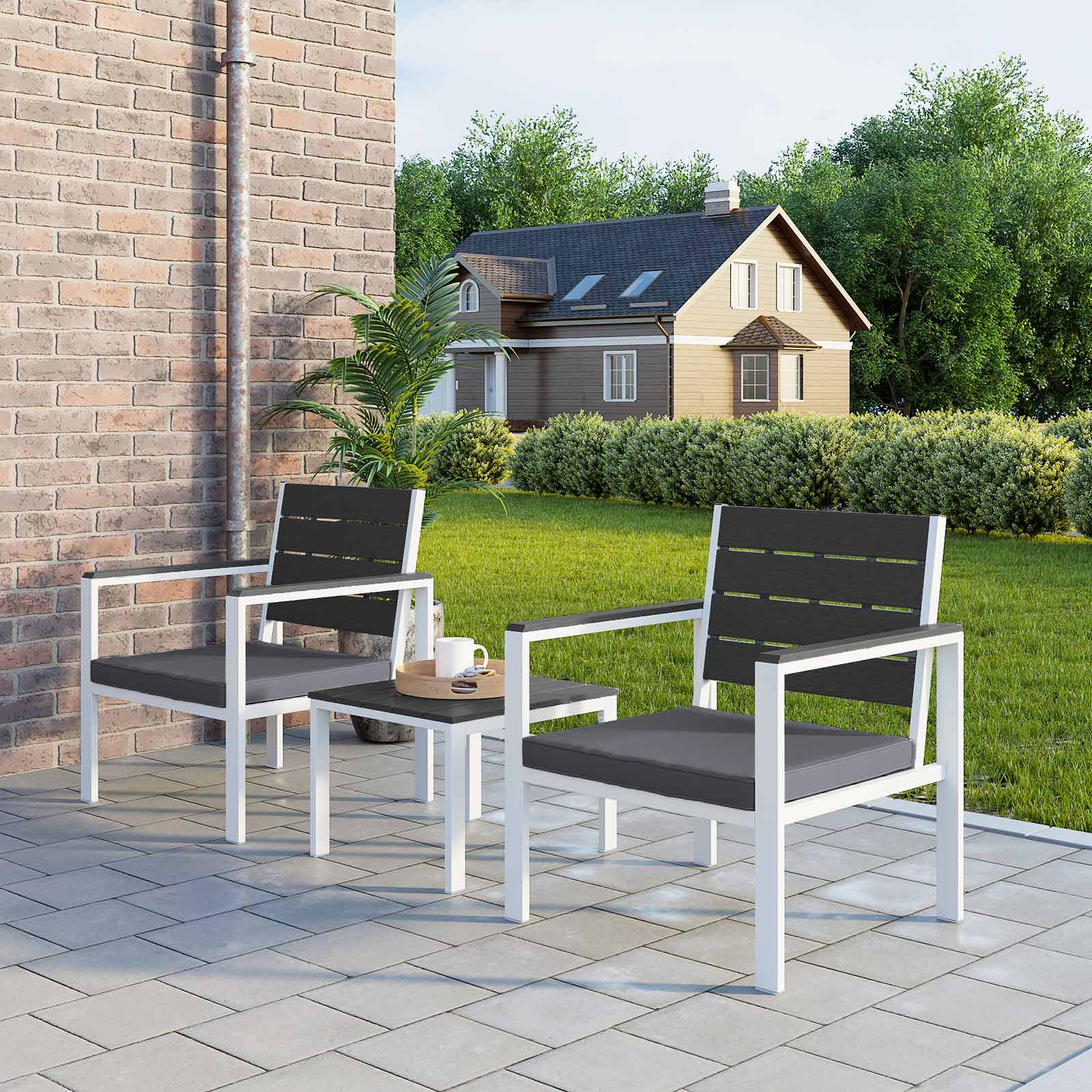 Patio Furniture Set – Iron – Grey & White – Includes 2 Chairs, 1 Side Table, and Cushions