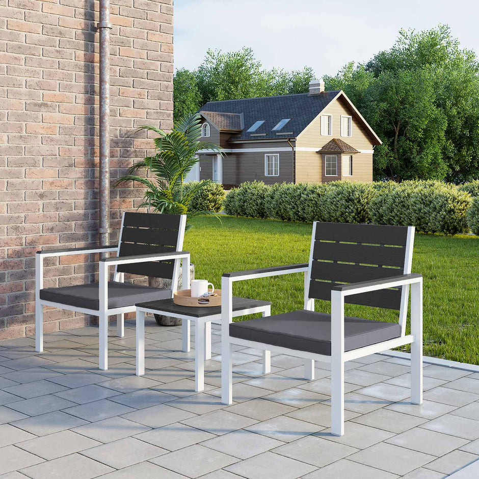 Patio Furniture Set – Iron – Grey & White – Includes 2 Chairs, 1 Side Table, and Cushions