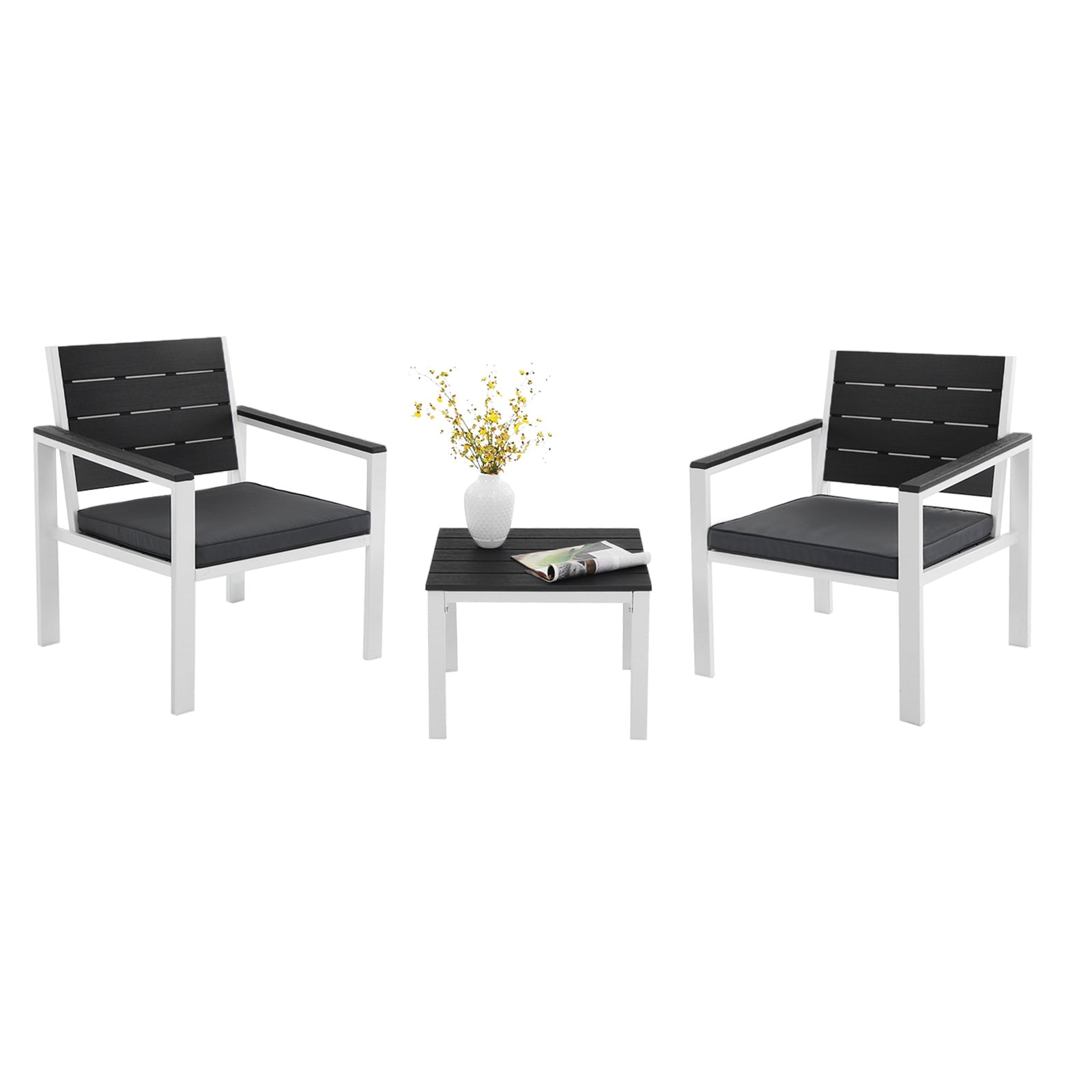 Patio Furniture Set – Iron – Grey & White – Includes 2 Chairs, 1 Side Table, and Cushions