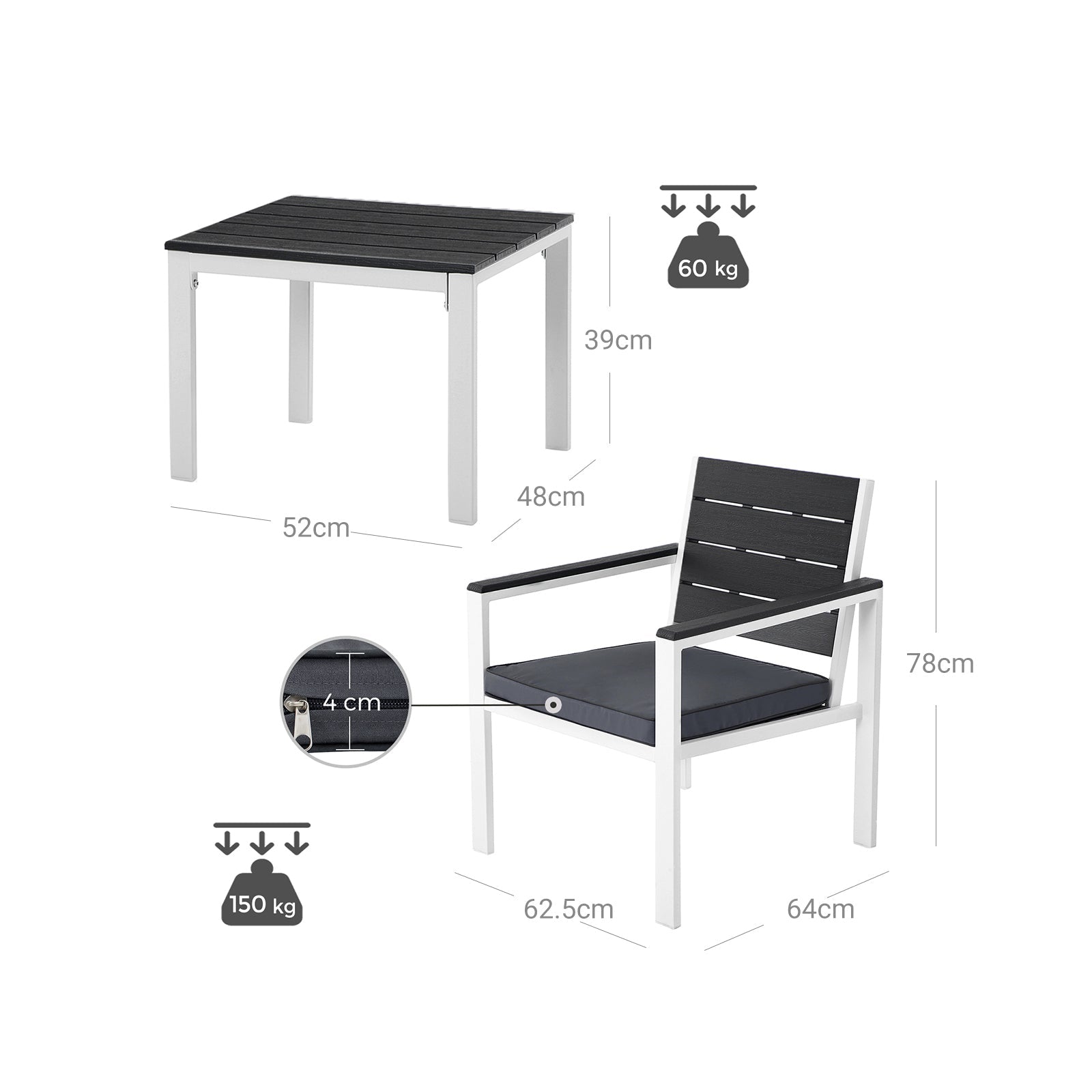 Patio Furniture Set – Iron – Grey & White – Includes 2 Chairs, 1 Side Table, and Cushions