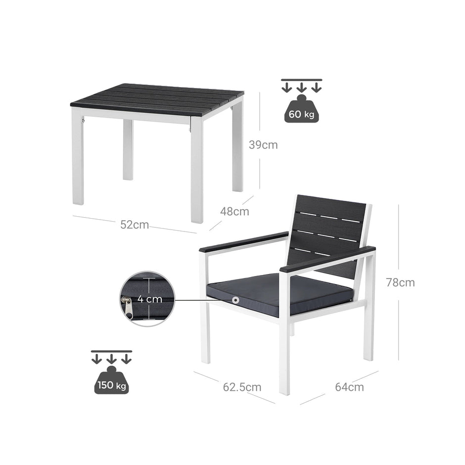 Patio Furniture Set – Iron – Grey & White – Includes 2 Chairs, 1 Side Table, and Cushions