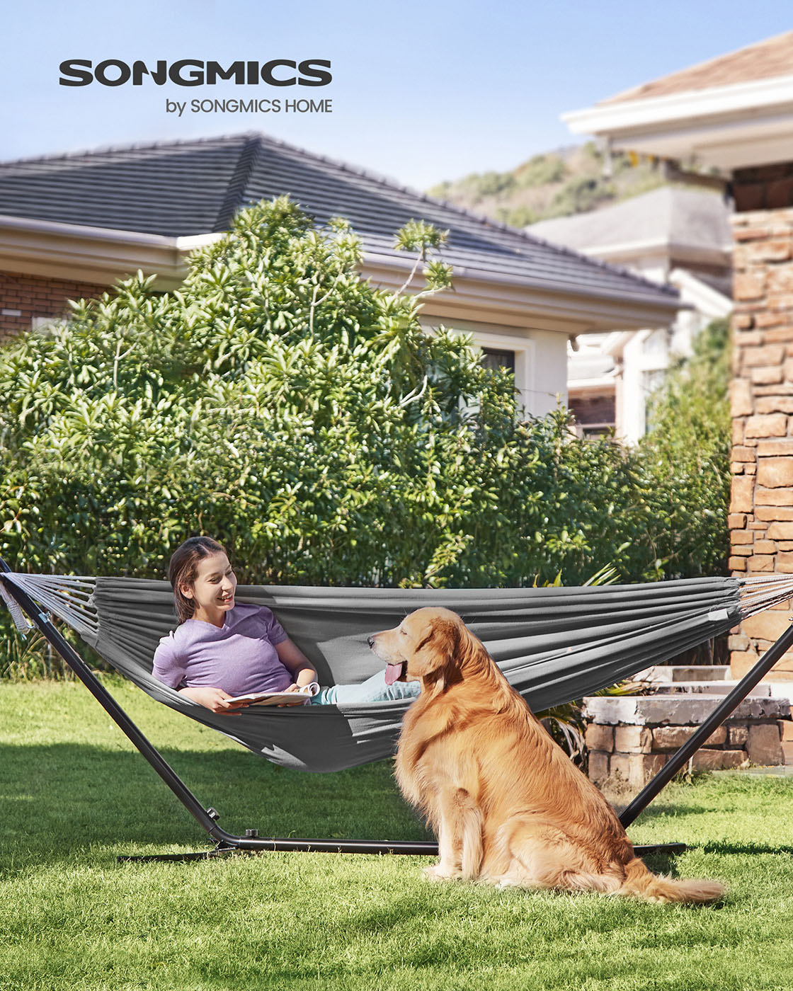 Hammock with Metal Stand – Fabric – Grey – Portable with Adjustable Heights and 240 kg Load Capacity
