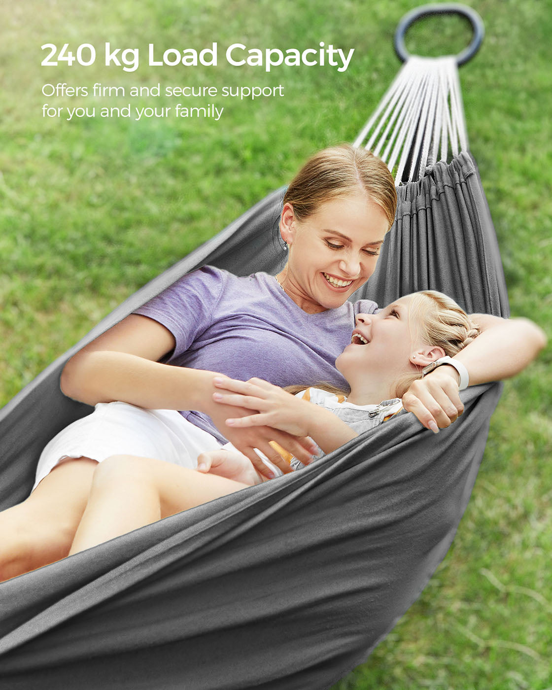 Hammock with Metal Stand – Fabric – Grey – Portable with Adjustable Heights and 240 kg Load Capacity