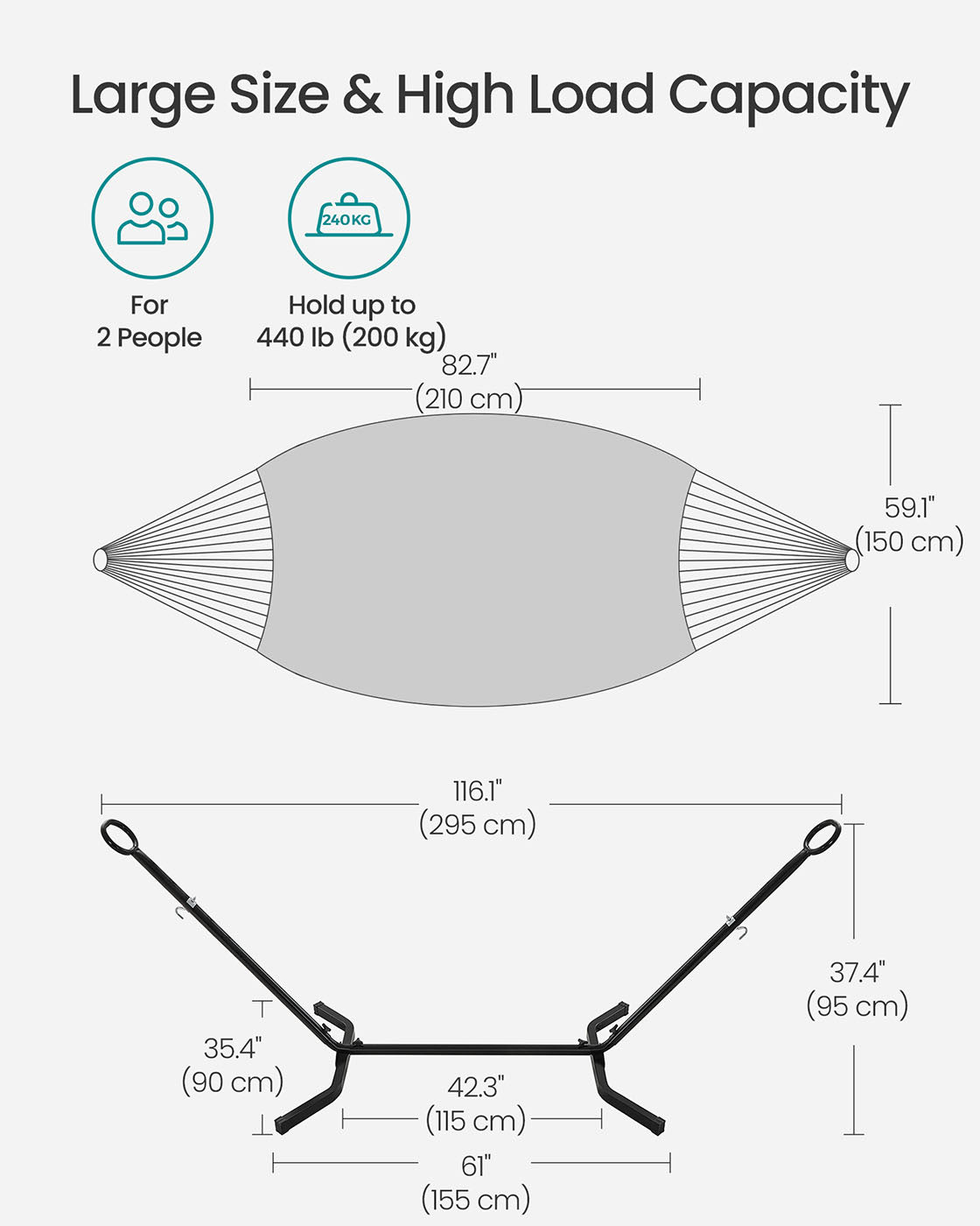 Hammock with Metal Stand – Fabric – Grey – Portable with Adjustable Heights and 240 kg Load Capacity