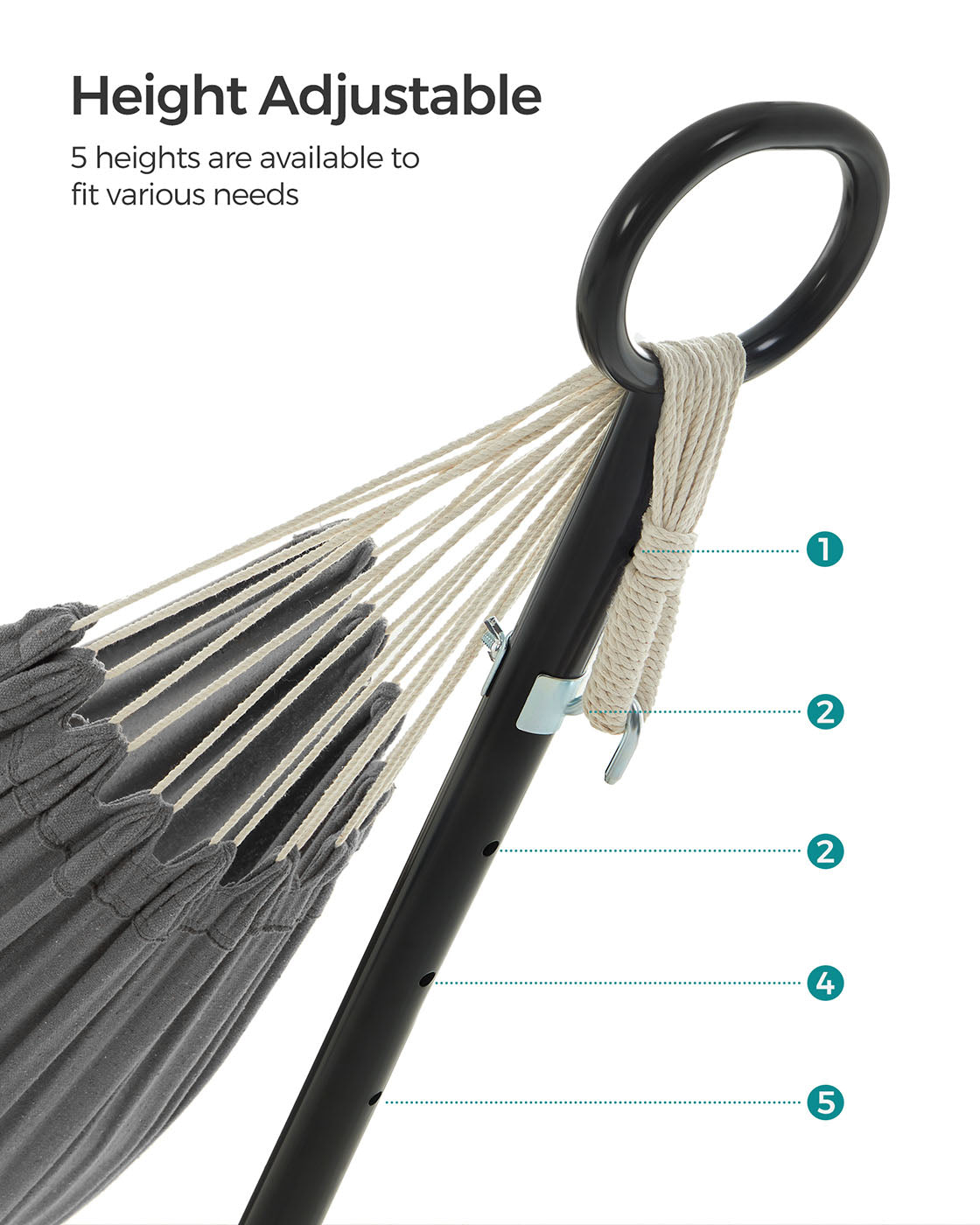Hammock with Metal Stand – Fabric – Grey – Portable with Adjustable Heights and 240 kg Load Capacity