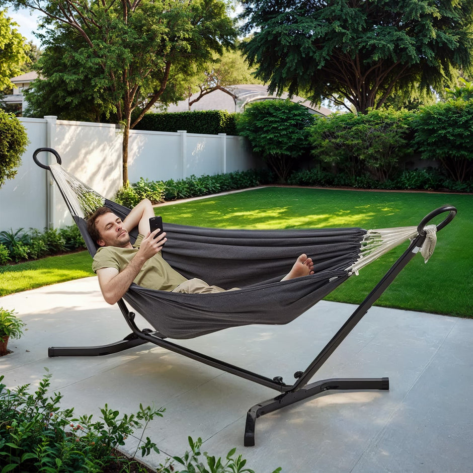 Double Hammock with Stand – Fabric – Black and Beige – 529 lb Load Capacity