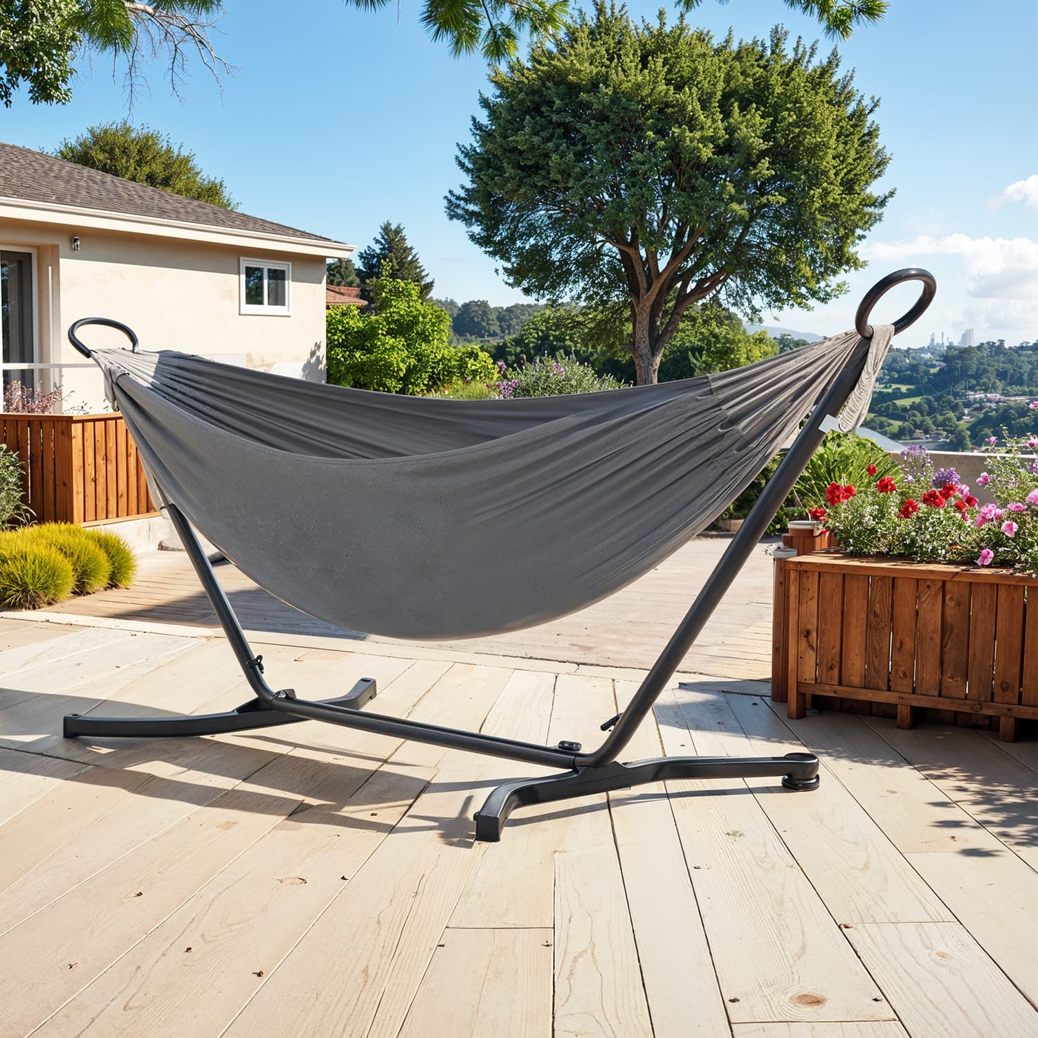 Double Hammock with Stand – Fabric – Black and Beige – 529 lb Load Capacity