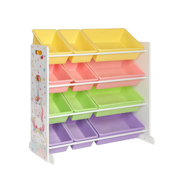 Toy Storage Rack – PP Plastic – White and Multicolor – 12 Removable Bins