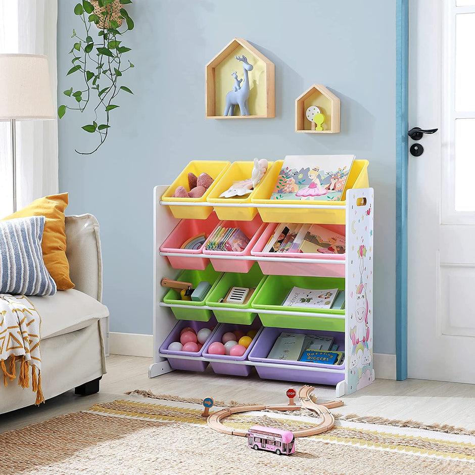 Toy Storage Rack – PP Plastic – White and Multicolor – 12 Removable Bins