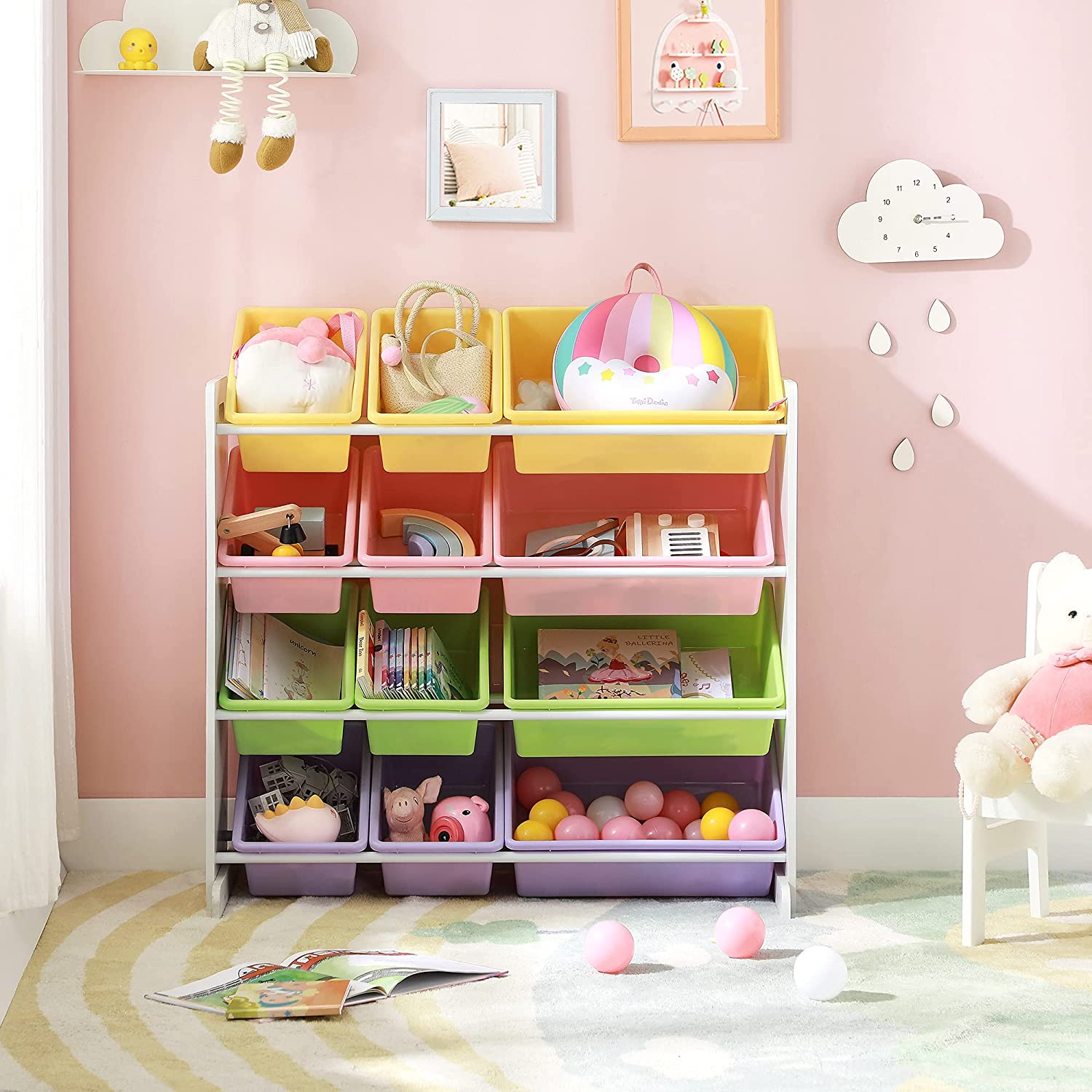 Toy Storage Rack – PP Plastic – White and Multicolor – 12 Removable Bins