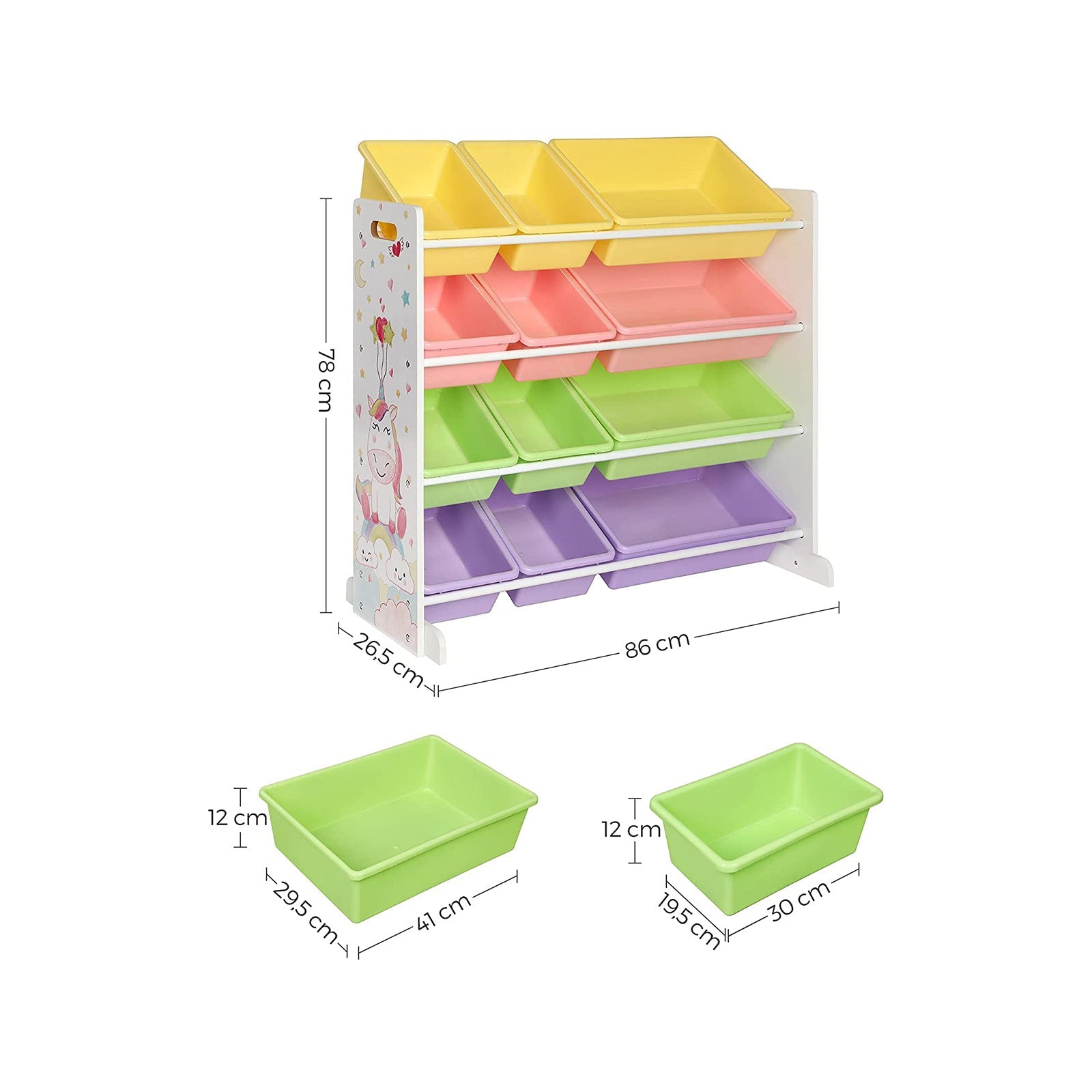 Toy Storage Rack – PP Plastic – White and Multicolor – 12 Removable Bins
