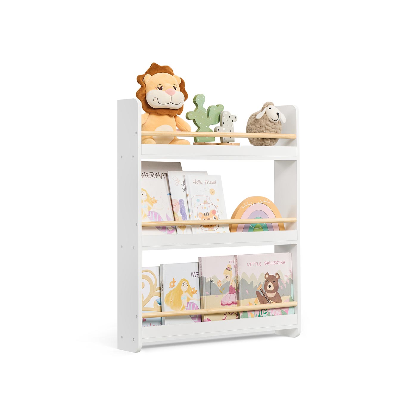 Wall-Mounted 3-Tier Children's Bookcase – Wood – White and Natural – Toy Organizer