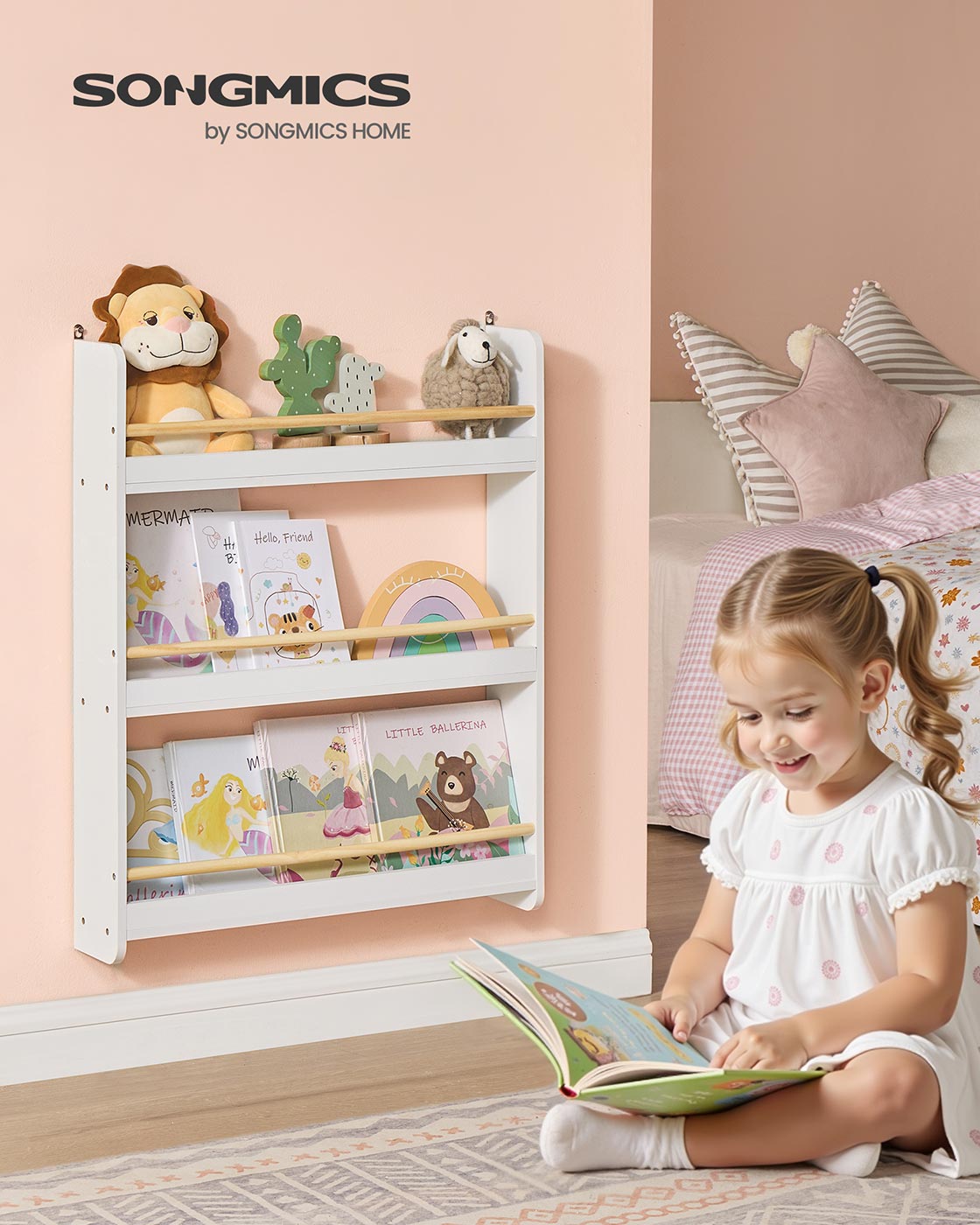 Wall-Mounted 3-Tier Children's Bookcase – Wood – White and Natural – Toy Organizer