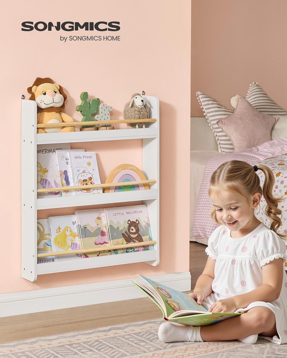 Wall-Mounted 3-Tier Children's Bookcase – Wood – White and Natural – Toy Organizer