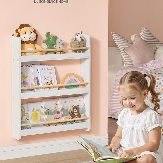 Wall-Mounted 3-Tier Children's Bookcase – Wood – White and Natural – Toy Organizer