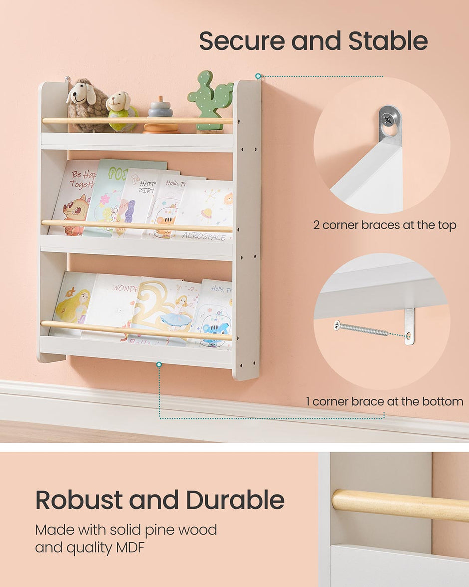 Wall-Mounted 3-Tier Children's Bookcase – Wood – White and Natural – Toy Organizer