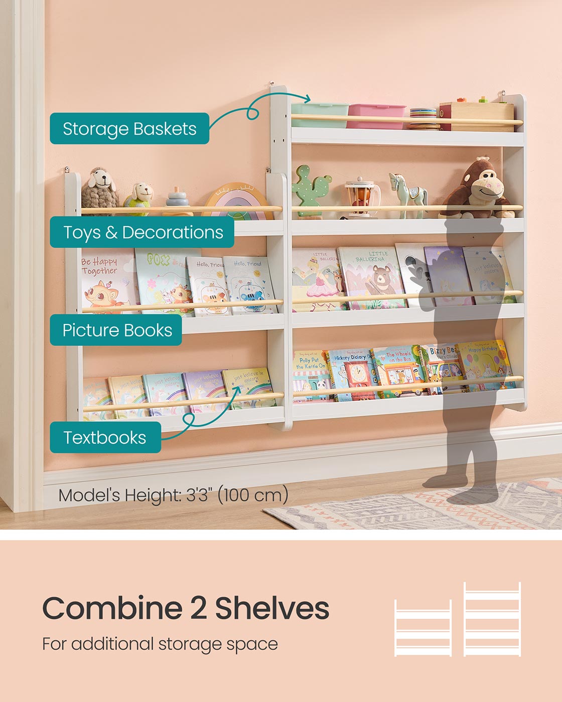 Wall-Mounted 3-Tier Children's Bookcase – Wood – White and Natural – Toy Organizer