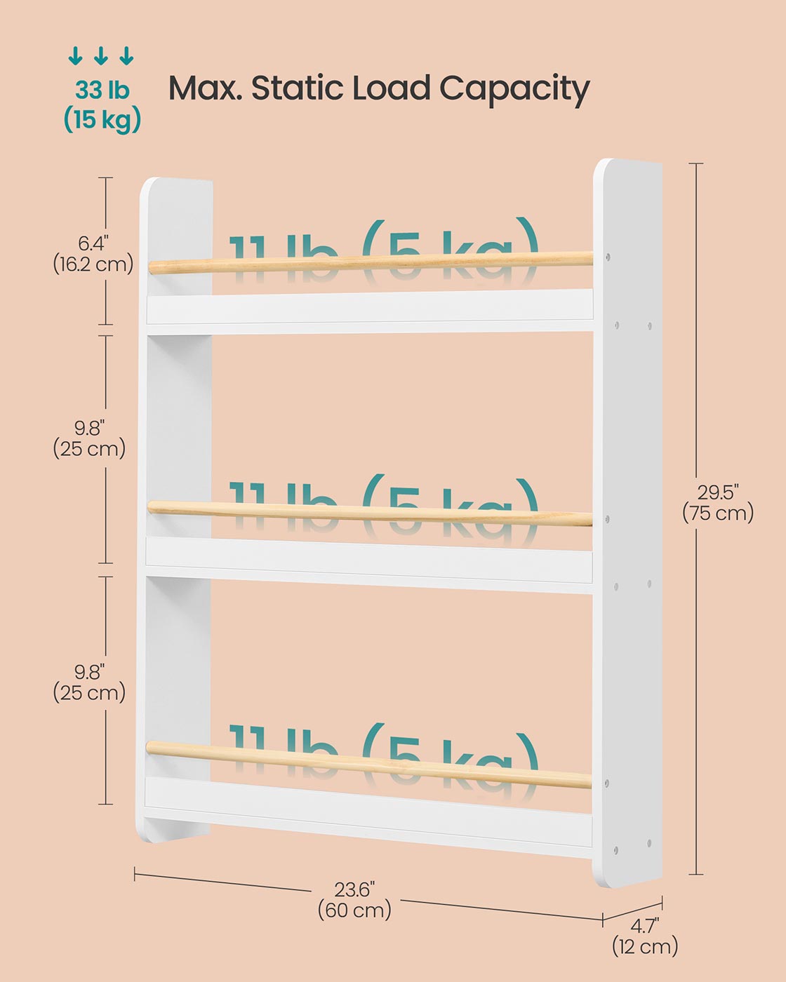 Wall-Mounted 3-Tier Children's Bookcase – Wood – White and Natural – Toy Organizer
