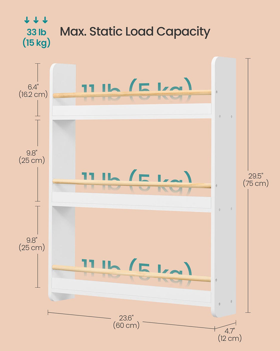 Wall-Mounted 3-Tier Children's Bookcase – Wood – White and Natural – Toy Organizer
