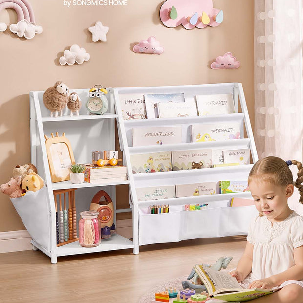 Kids Bookshelf – Engineered Wood – White – Toy Organizer with Side Pocket