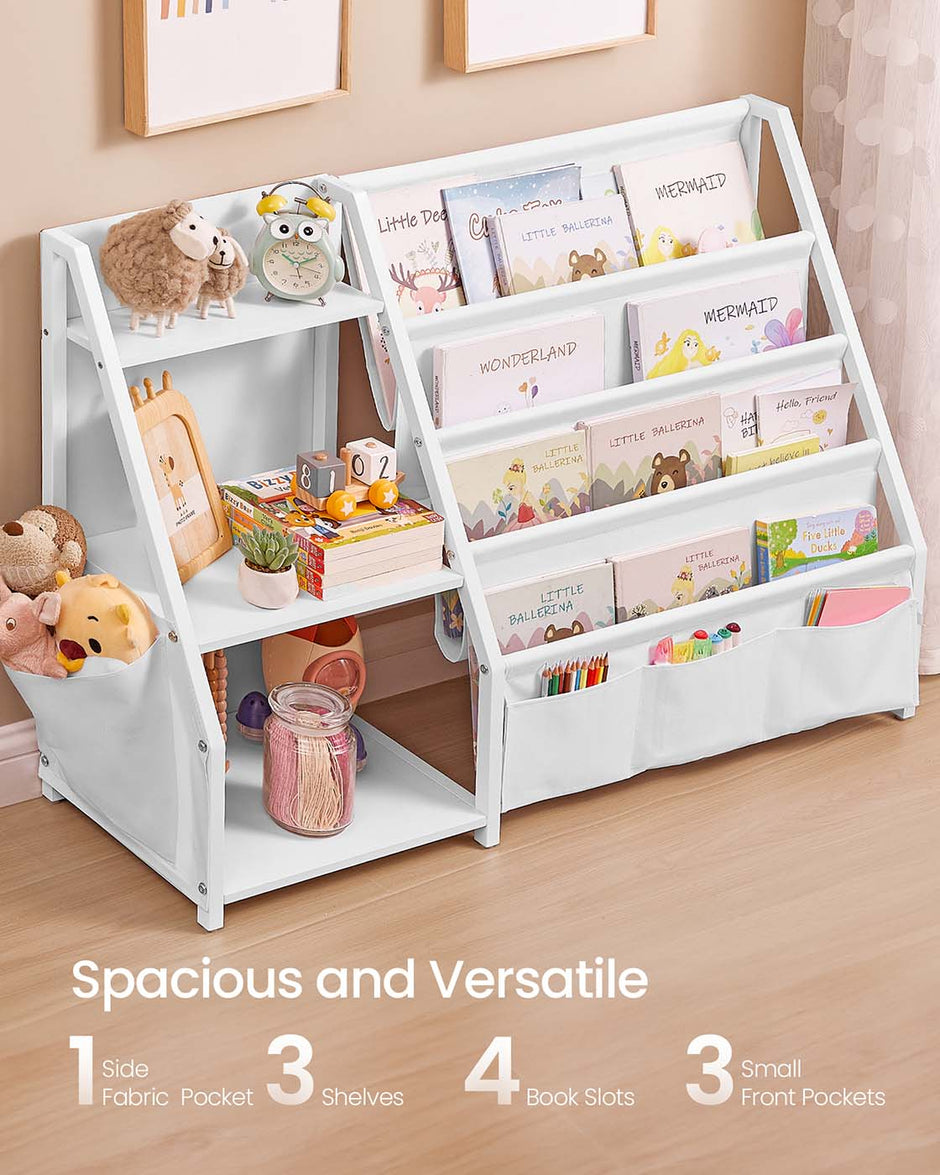 Kids Bookshelf – Engineered Wood – White – Toy Organizer with Side Pocket