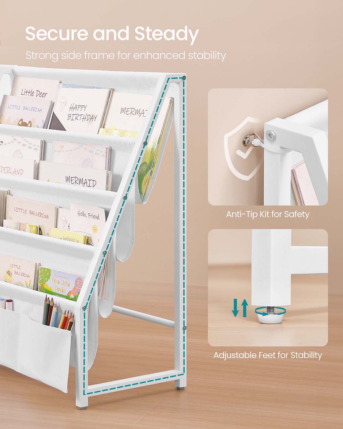 Kids Bookshelf – Engineered Wood – White – Toy Organizer with Side Pocket