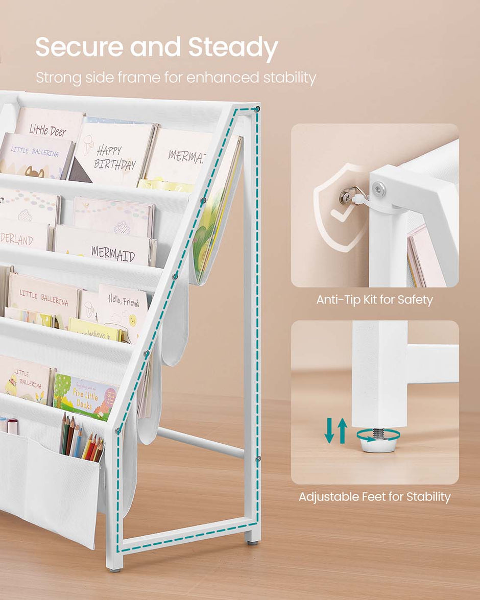 Kids Bookshelf – Engineered Wood – White – Toy Organizer with Side Pocket