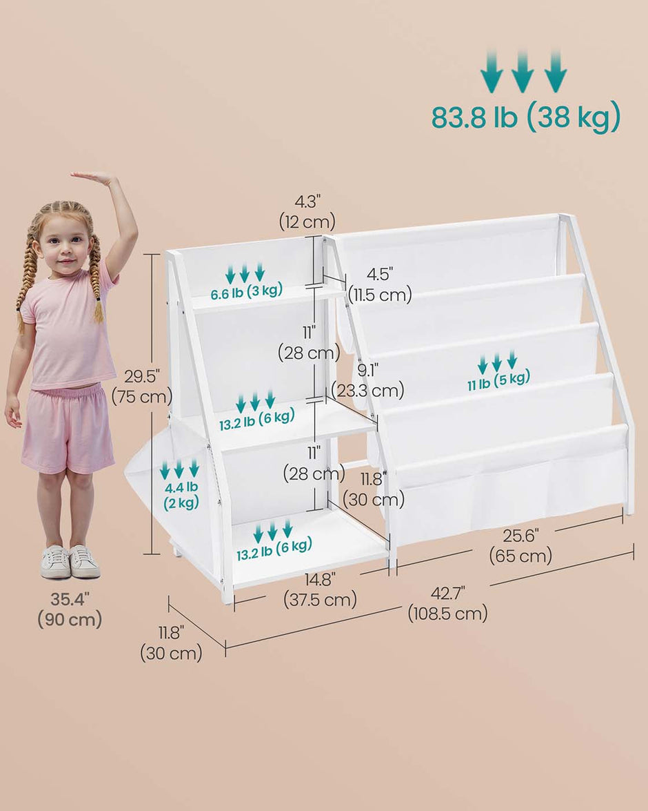 Kids Bookshelf – Engineered Wood – White – Toy Organizer with Side Pocket