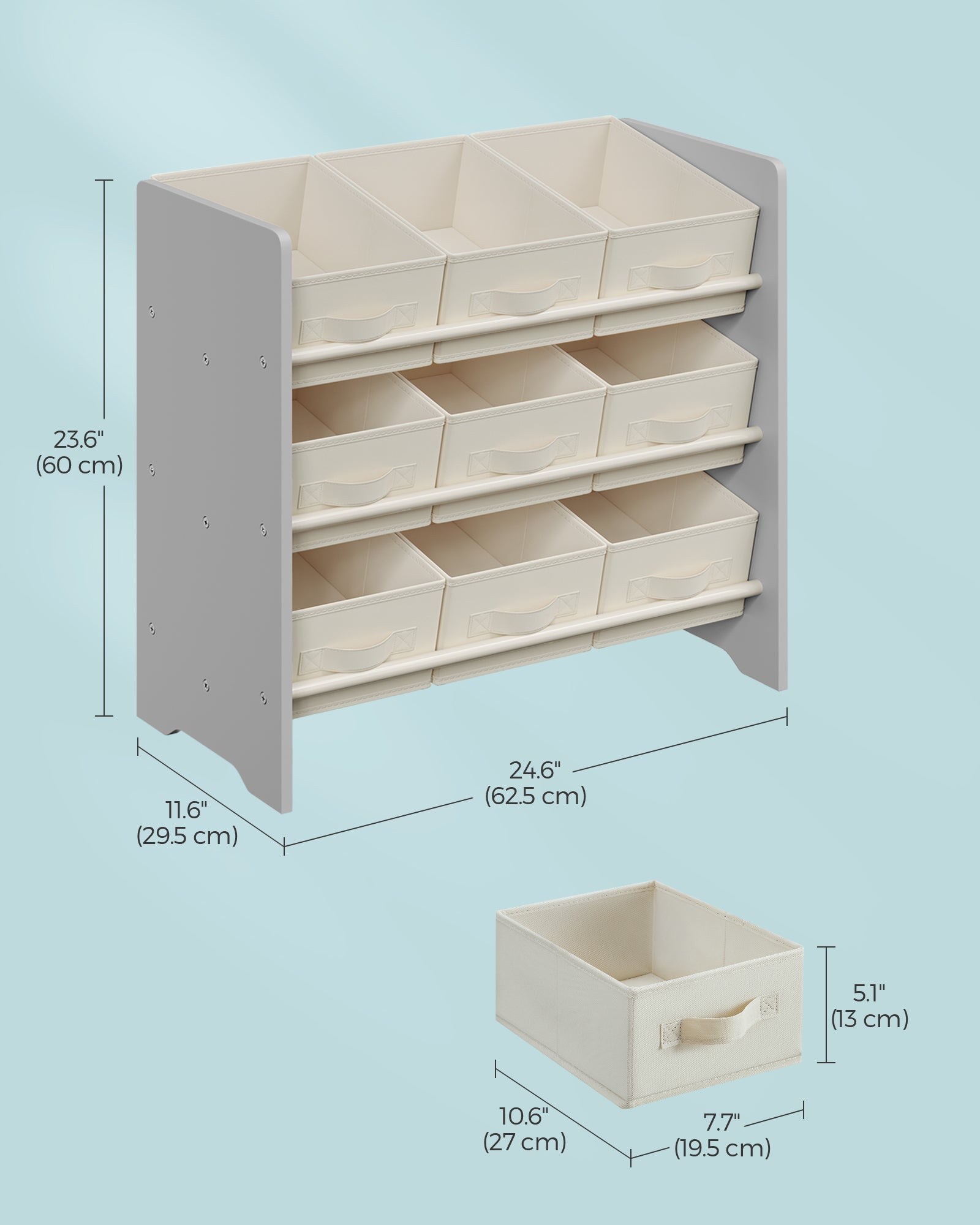 Kids Toy Organizer – Non-Woven Fabric – Dove Grey – 9 Spacious Storage Boxes