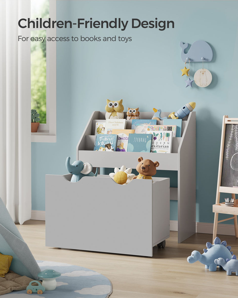 Multipurpose Bookshelf – MDF – Dove Grey – Storage Box with Wheels and 3 Shelves