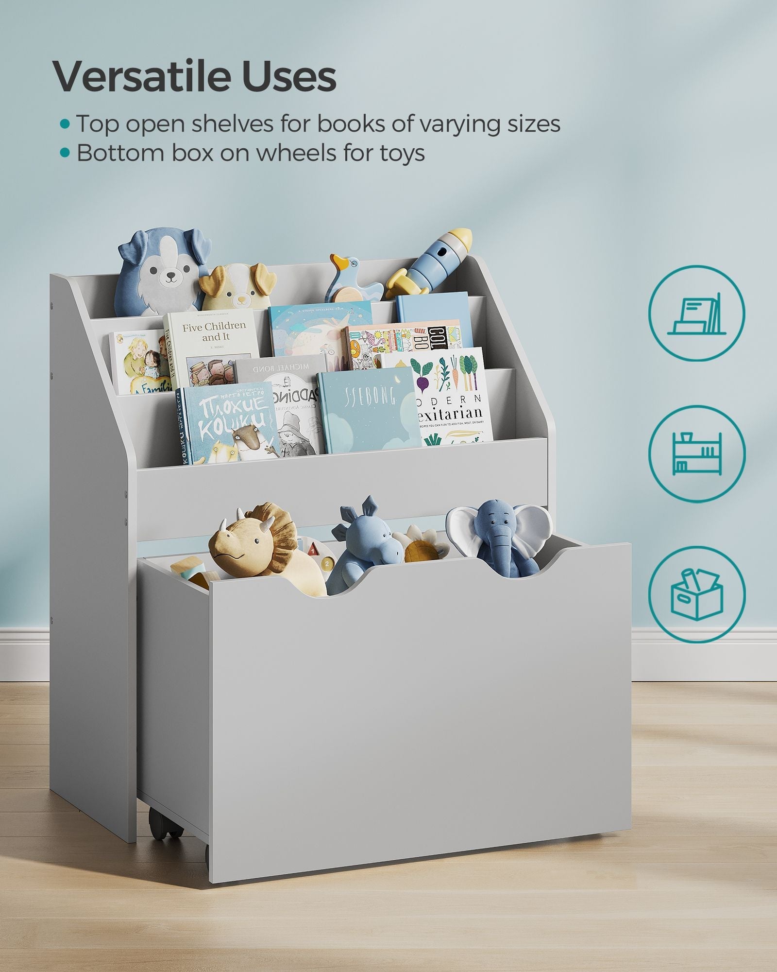 Multipurpose Bookshelf – MDF – Dove Grey – Storage Box with Wheels and 3 Shelves