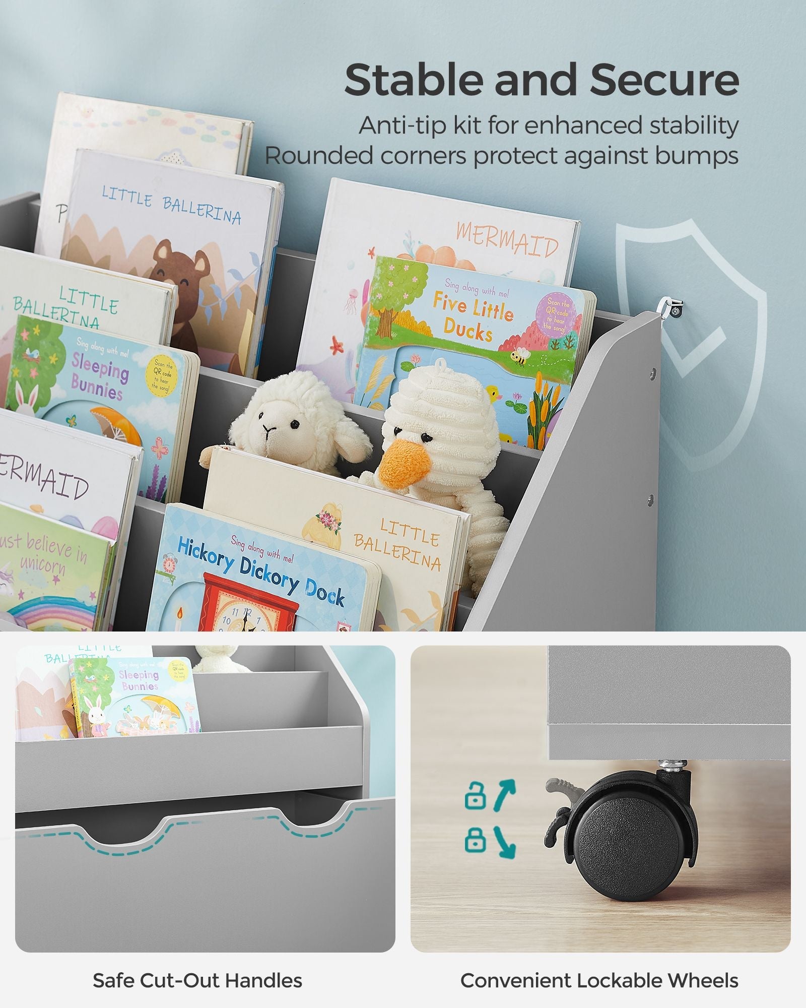 Multipurpose Bookshelf – MDF – Dove Grey – Storage Box with Wheels and 3 Shelves